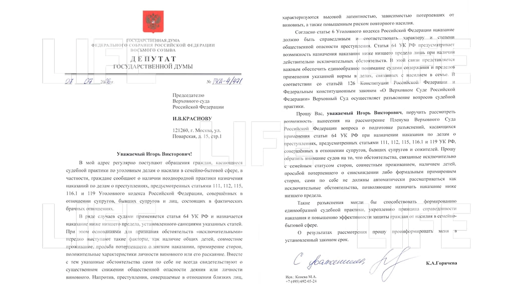 Депутат Горячева просит Верховный суд разъяснить судам, что при домашнем насилии нельзя автоматически смягчать наказание только из-за детей, совместного быта, примирения или просьб потерпевшего. Эксклюзив © Life.ru