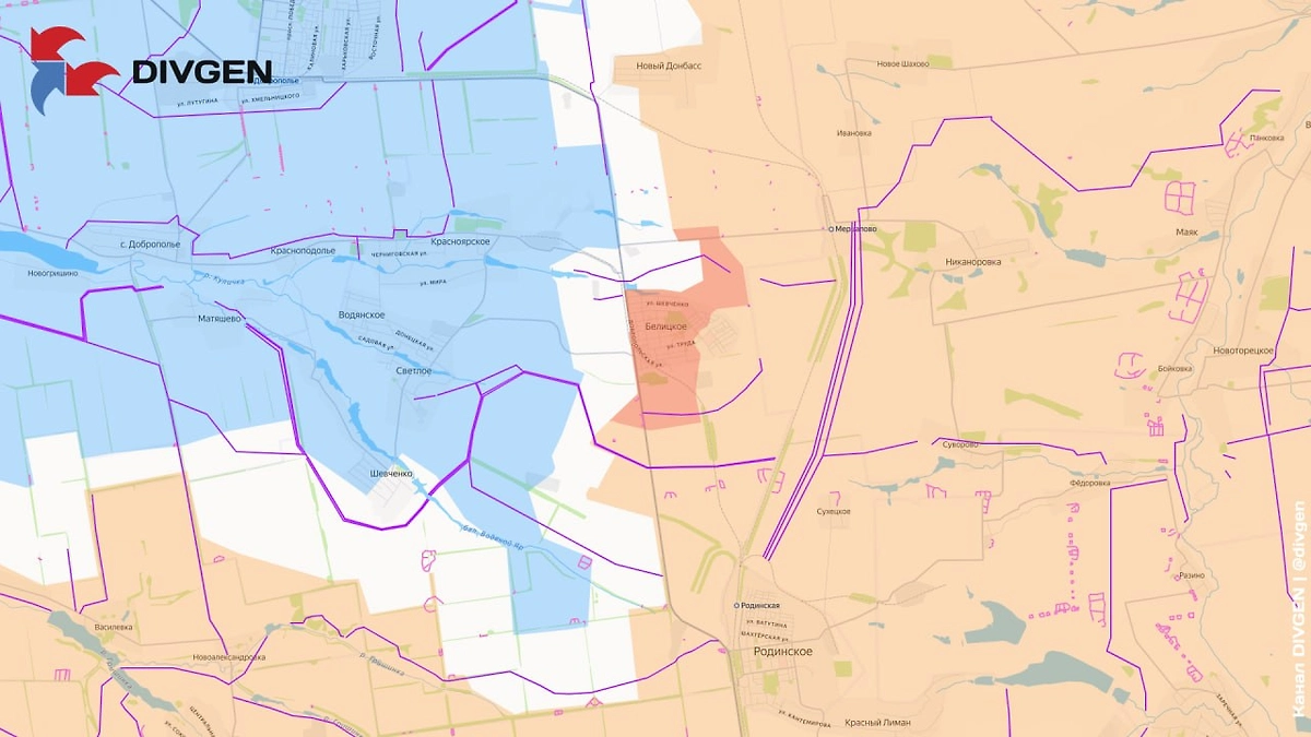 Карта СВО на 24 июля 2026 года. Армия России освободила Белицкое в ДНР. Фото © Telegram / DIVGEN 🚩 Карта СВО