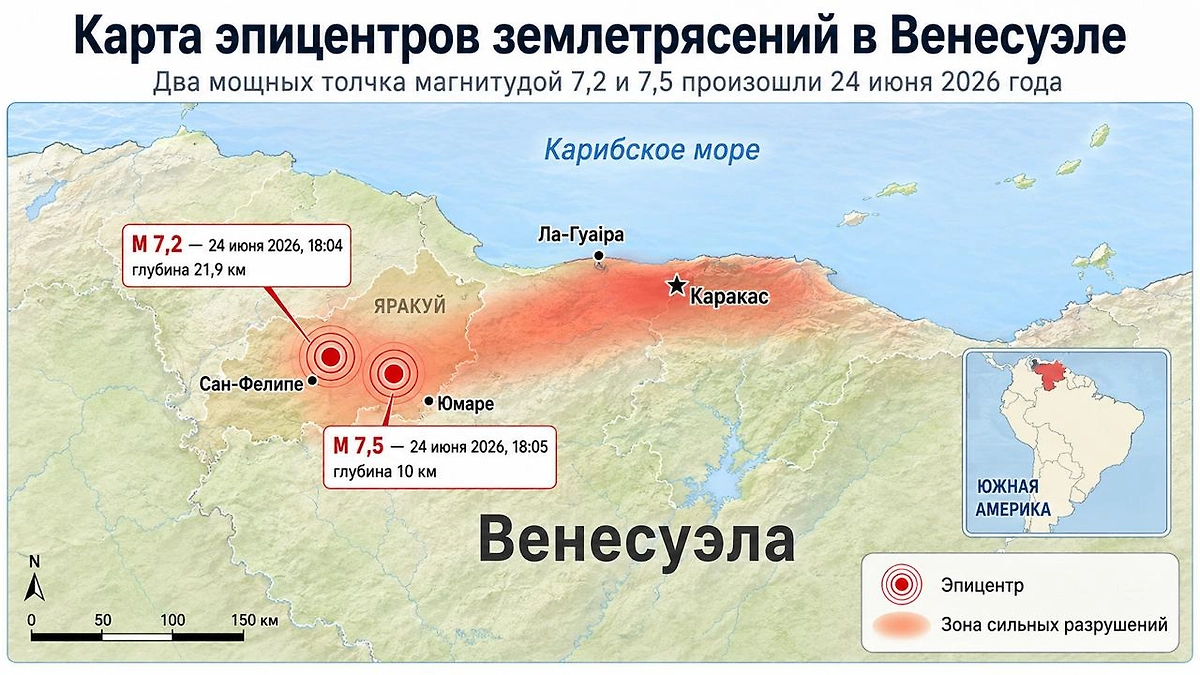 Карта эпицентров землетрясений в Венесуэле. Инфографика © Life.ru