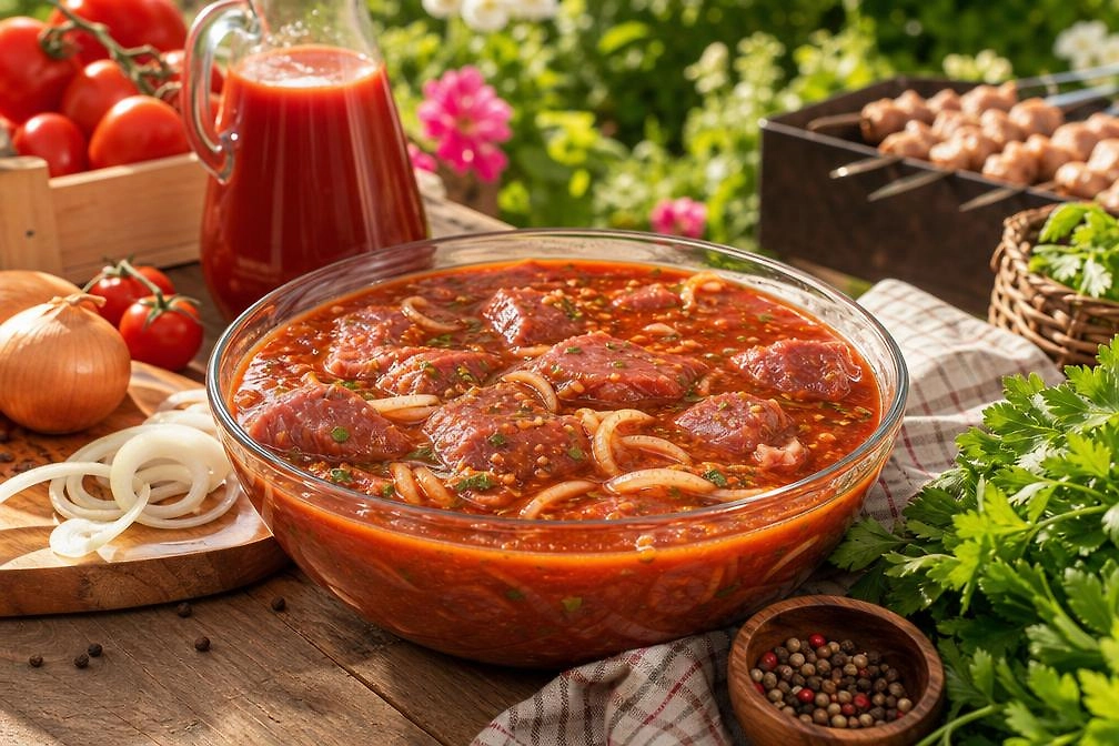 Маринад для шашлыка с томатным соком. ИИ-иллюстрация: создано редакцией Life.ru с использованием Nano Banana AI