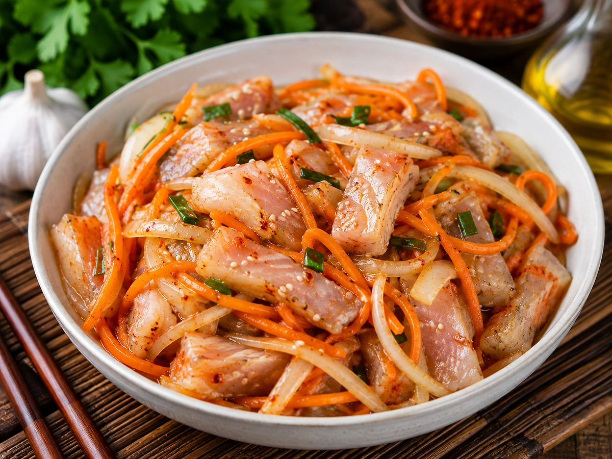 Хе из рыбы по-корейски — простой и вкусный рецепт дома. Фото ИИ-иллюстрация: создано редакцией Life.ru с использованием ChatGPT (OpenAI)