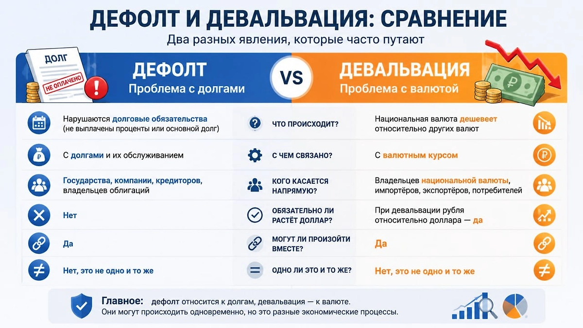 Дефолт и девальвация — не одно и то же: первый связан с невыполнением долговых обязательств, вторая — с падением стоимости национальной валюты. При этом оба процесса могут происходить одновременно.