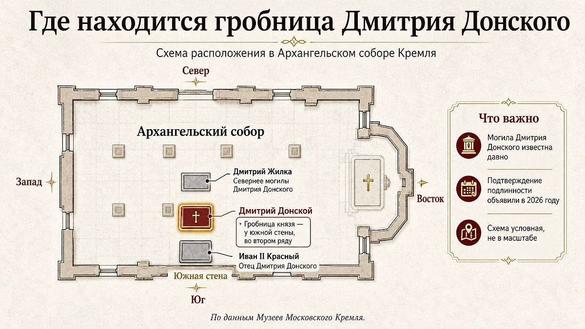 Схема расположения гробницы Дмитрия Донского в Архангельском соборе Московского Кремля. Инфографика © Life.ru по данным Музеев Московского Кремля