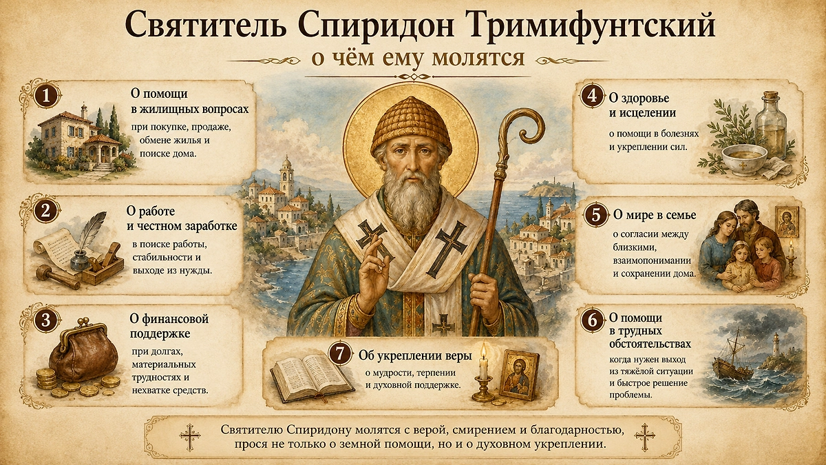 В каких жизненных ситуациях верующие молятся святителю Спиридону Тримифунтскому. Инфографика © Life.ru