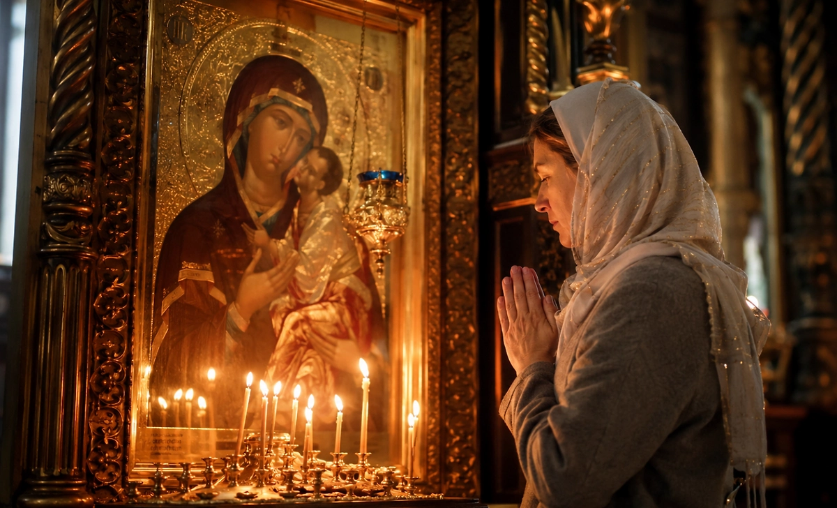 Женщина молится перед иконой Богородицы за дочь. Фото © Life.ru