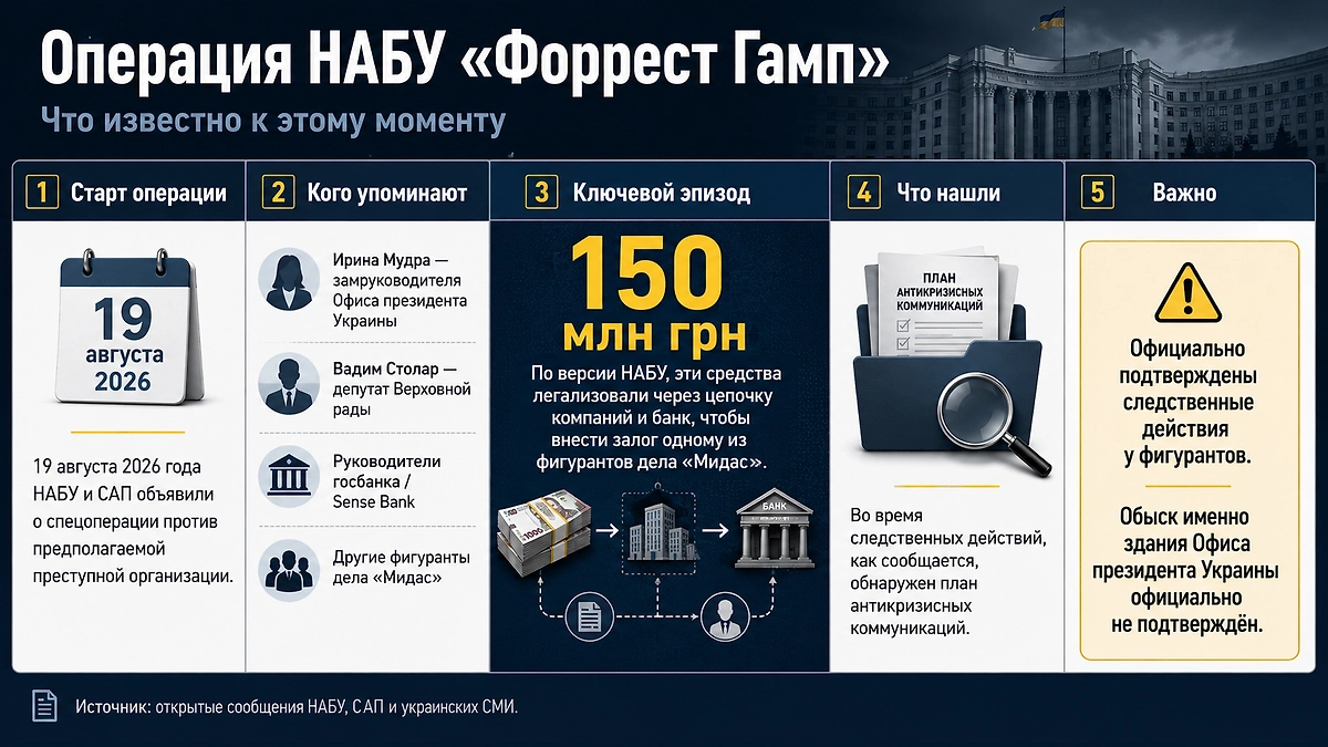 Операция НАБУ «Форрест Гамп»: ключевые фигуранты, схема с 150 млн гривен и главные детали расследования по состоянию на 19 августа 2026 года. Инфографика © Life.ru