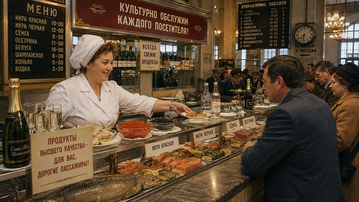 Как работали привокзальные рестораны в Советском Союзе. ИИ-иллюстрация: создано редакцией Life.ru с использованием ChatGPT (OpenAI)