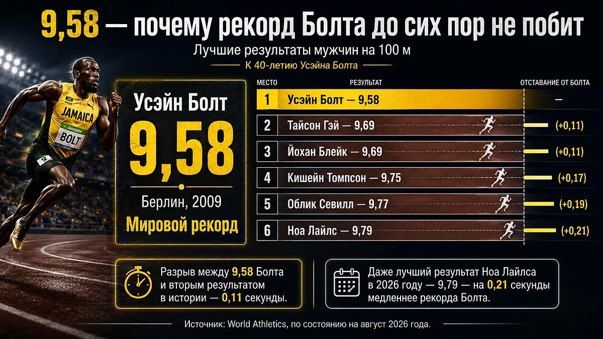 Мировой рекорд Усэйна Болта на 100 метров — 9,58 секунды: кто ближе всех подобрался к результату ямайца. Инфографика © Life.ru