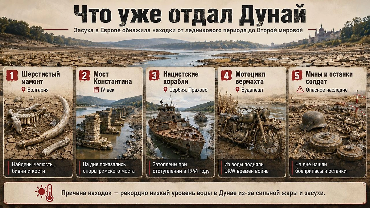 Что уже отдал Дунай: из-за сильной жары и засухи река обмелела и обнажила останки мамонта, древнеримский мост, затопленные корабли времён Второй мировой, военный мотоцикл, боеприпасы и останки солдат.