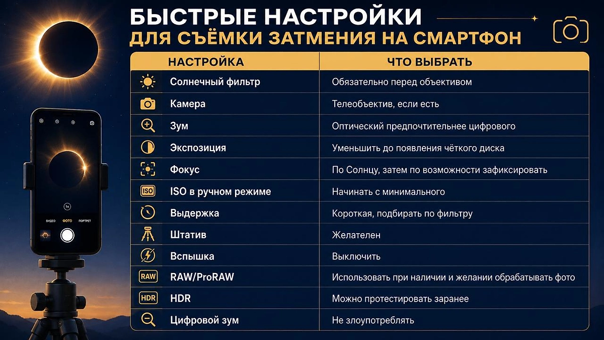 Быстрые настройки для съёмки солнечного затмения на смартфон: какой объектив и зум выбрать, как настроить экспозицию и фокус, когда использовать штатив, RAW и HDR.