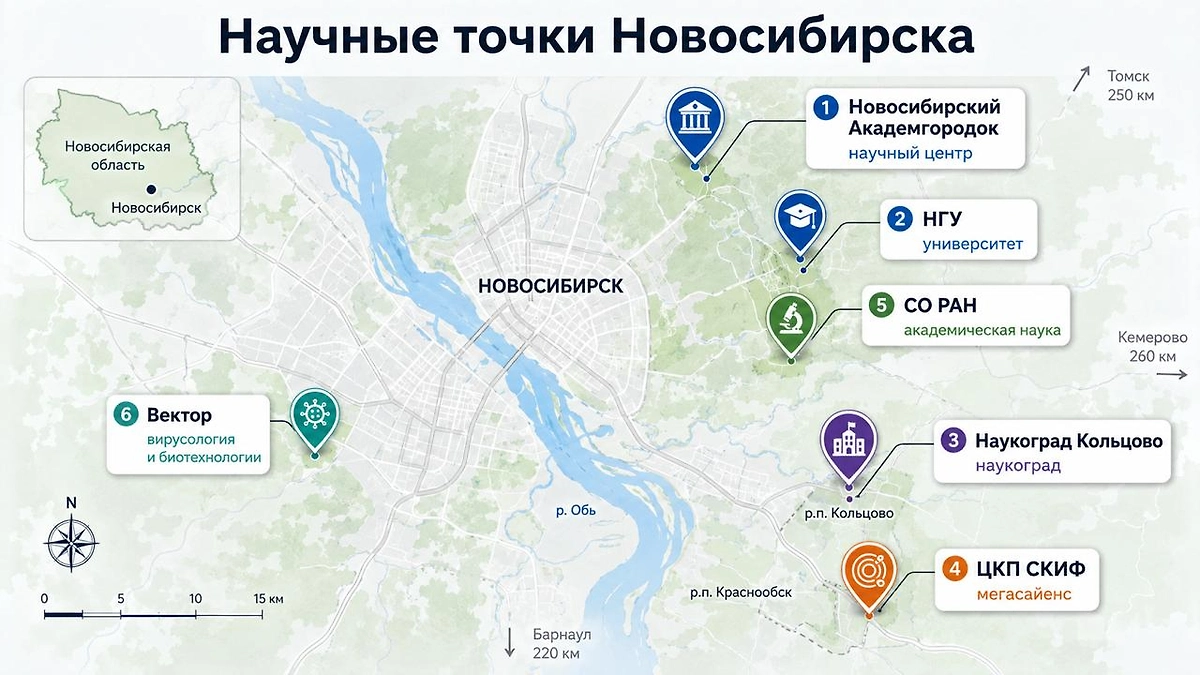 Научные точки Новосибирска: Академгородок, НГУ, СО РАН, наукоград Кольцово, центр «Вектор» и ЦКП СКИФ. Инфографика: Life.ru
