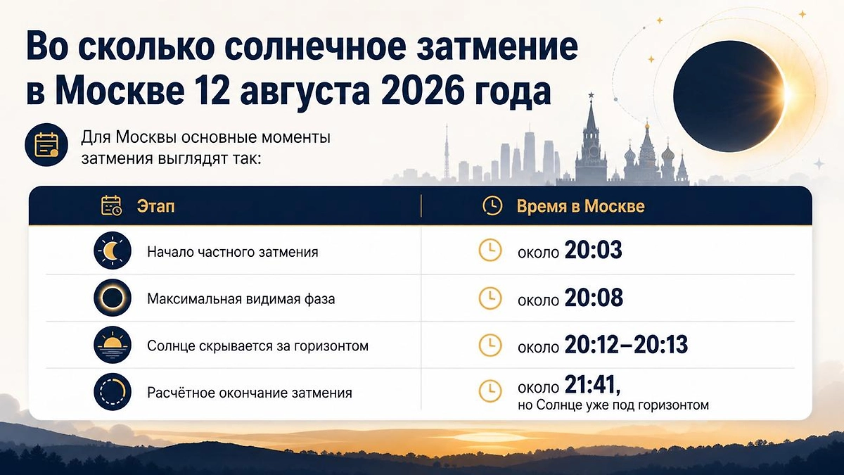 Солнечное затмение в Москве 12 августа 2026 года: начало частной фазы ожидается около 20:03, максимум — примерно в 20:08. Наблюдать явление можно будет лишь несколько минут до захода Солнца за горизонт.