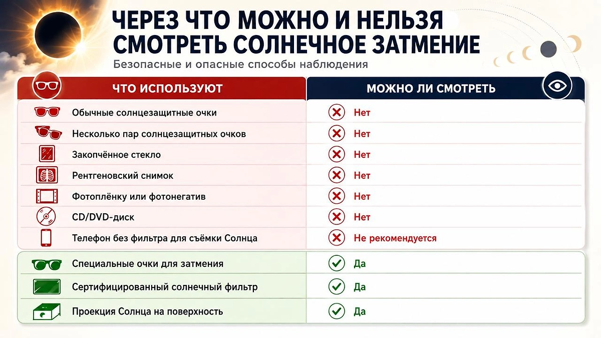 Через что можно и нельзя смотреть солнечное затмение: обычные солнцезащитные очки, закопчённое стекло, рентгеновский снимок, фотоплёнка, CD/DVD-диск и телефон без фильтра для съёмки Солнца не подходят для безопасного наблюдения. Использовать рекомендуется только специальные очки для затмения, сертифицированный солнечный фильтр или наблюдение через проекцию Солнца на поверхность.
