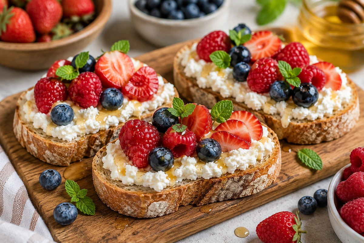 Тосты с рикоттой, ягодами и медом — рецепт. Фото ИИ-иллюстрация: создано редакцией Life.ru с использованием ChatGPT (OpenAI)