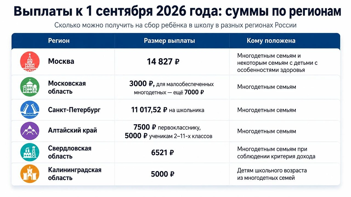 Выплаты к 1 сентября 2026 года по регионам: сколько можно получить на сбор ребёнка в школу. Инфографика Life.ru