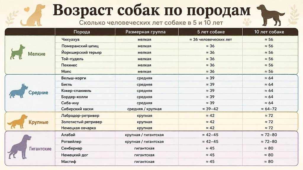 Примерный возраст собак по человеческим меркам различается в зависимости от породы и размера: крупные и гигантские собаки в среднем стареют быстрее мелких. Инфографика © Life.ru