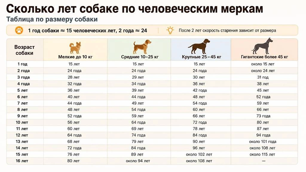 Возраст собаки по человеческим меркам зависит не только от количества прожитых лет, но и от размера питомца: после двух лет мелкие породы обычно стареют медленнее крупных и гигантских. Инфографика © Life.ru