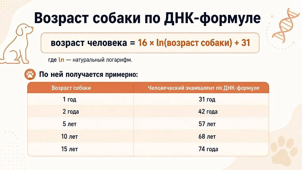 ДНК-формула показывает, как можно приблизительно сопоставить возраст собаки с человеческим по изменениям метилирования ДНК. Метод был разработан на данных лабрадоров, поэтому он не считается универсальным для всех пород. Инфографика © Life.ru