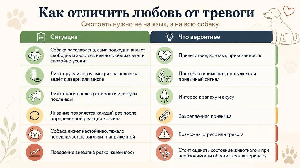 По одному только облизыванию нельзя понять эмоции собаки: важно смотреть на позу, хвост, уши и то, насколько легко питомец переключается. Настойчивое лизание вместе с напряжением может быть признаком стресса или тревоги. Инфографика © Life.ru 