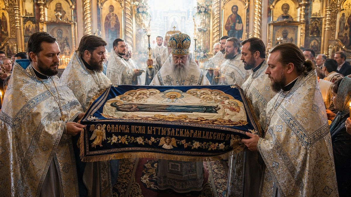В некоторых православных храмах на Успение существует традиция выносить Плащаницу Божией Матери. ИИ-иллюстрация: создано редакцией Life.ru с использованием ChatGPT (OpenAI). Не является фото с места событий. 