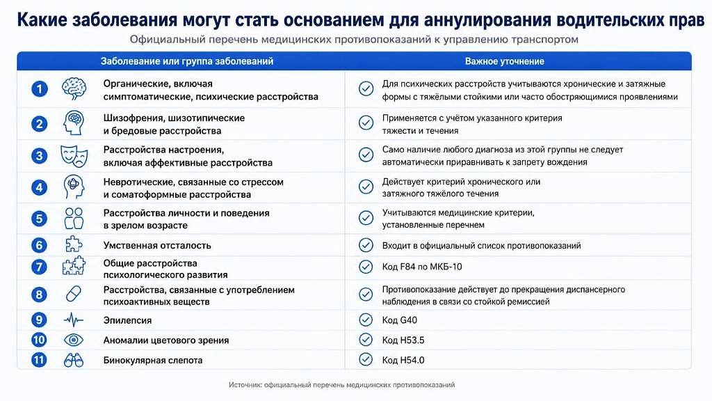 Перечень заболеваний, при которых водительские права могут аннулировать по состоянию здоровья