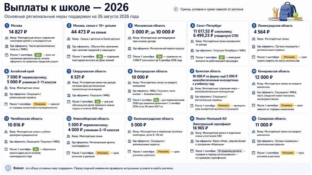 Выплаты к школе в 2026 году: суммы, условия получения и сроки оформления региональной поддержки для семей с детьми. Инфографика Life.ru