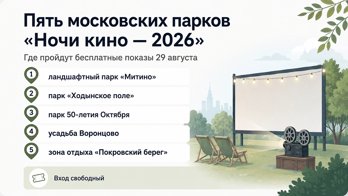 Пять московских парков, где 29 августа пройдут бесплатные показы в рамках «Ночи кино — 2026». Инфографика © Life.ru 