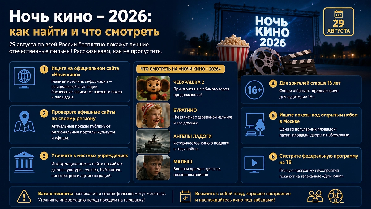 Возрастные ограничения фильмов федеральной программы «Ночи кино — 2026»: от 6+ до 16+. Инфографика © Life.ru 