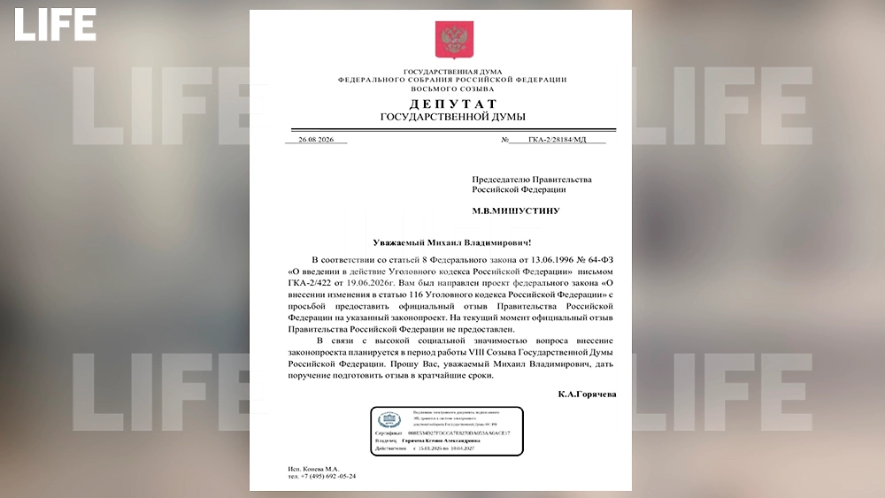 Письмо от 26 августа адресовано Михаилу Мишустину, и в нём Горячева указывает, что правительственный отзыв на направленный ещё 19 июня проект до сих пор не предоставлен. Скриншот документа © Life.ru 