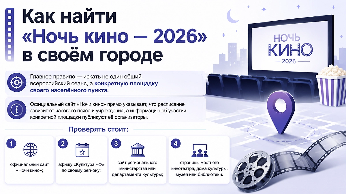 Как найти площадку «Ночи кино — 2026» в своём городе: где проверять расписание и условия входа. Инфографика © Life.ru