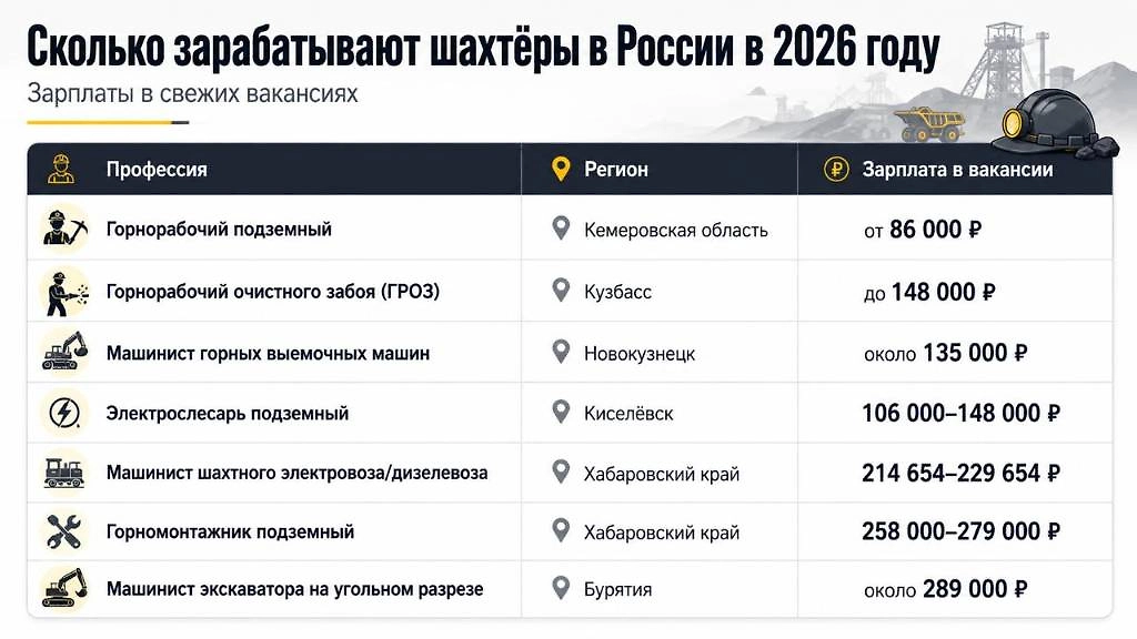 Зарплаты шахтёров в России в 2026 году: сколько предлагают специалистам угольной отрасли в Кузбассе, Бурятии и Хабаровском крае по данным свежих вакансий. Инфографика © Life.ru
