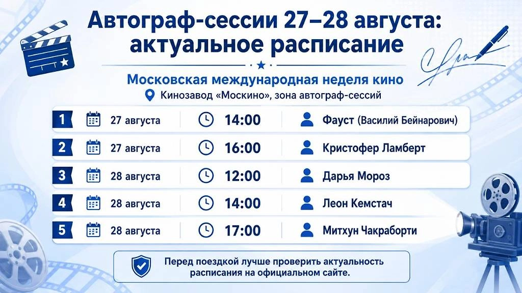 Автограф-сессии Московской международной недели кино 27–28 августа 2026 года: актуальное расписание и участники. Инфографика Life.ru