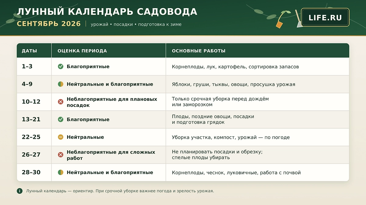 Лунный календарь садовода и огородника на сентябрь 2026 года: когда убирать урожай, сажать чеснок и готовить сад к зиме. Таблица по дням. ИИ-иллюстрация: создано редакцией Life.ru с использованием ChatGPT (OpenAI).