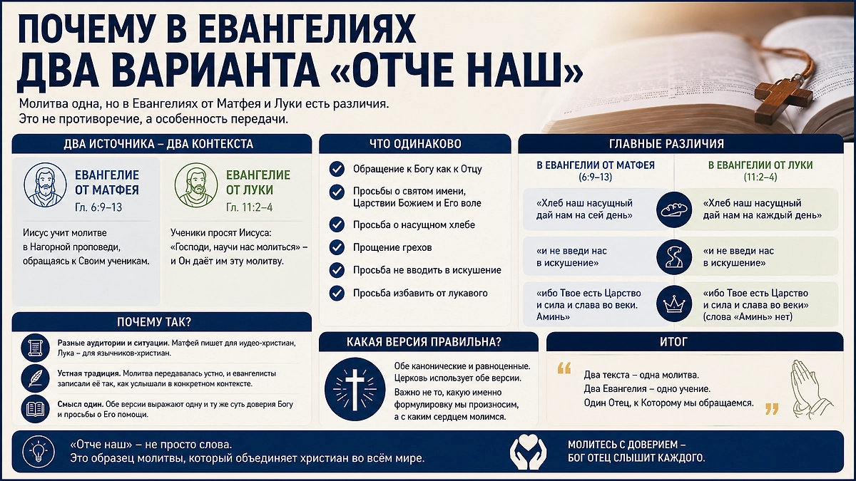 «Отче наш» в Евангелиях от Матфея и Луки: почему тексты молитвы различаются и что в них общего. Инфографика © Life.ru 