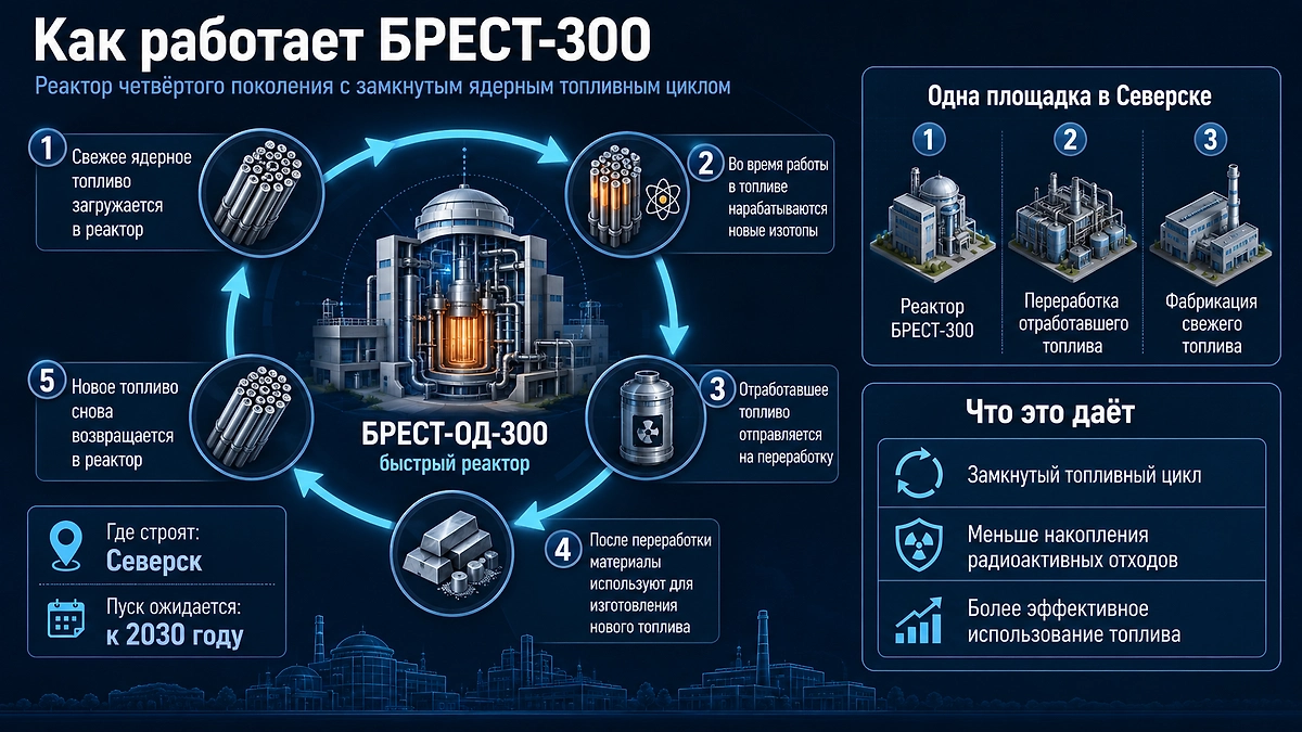 Как работает БРЕСТ-300: схема замкнутого ядерного топливного цикла реактора четвёртого поколения. Инфографика © Life.ru
