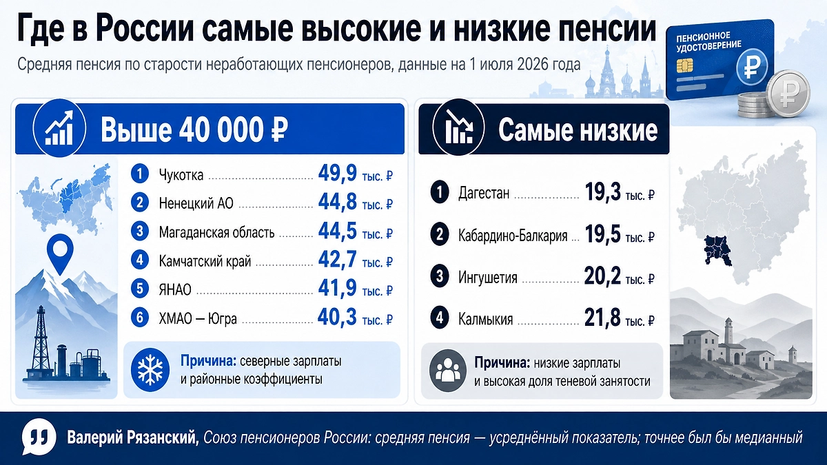 Где в России платят самые высокие и самые низкие средние пенсии и почему выплаты так отличаются по регионам. Данные СФР на 1 июля 2026 года. Инфографика © Life.ru