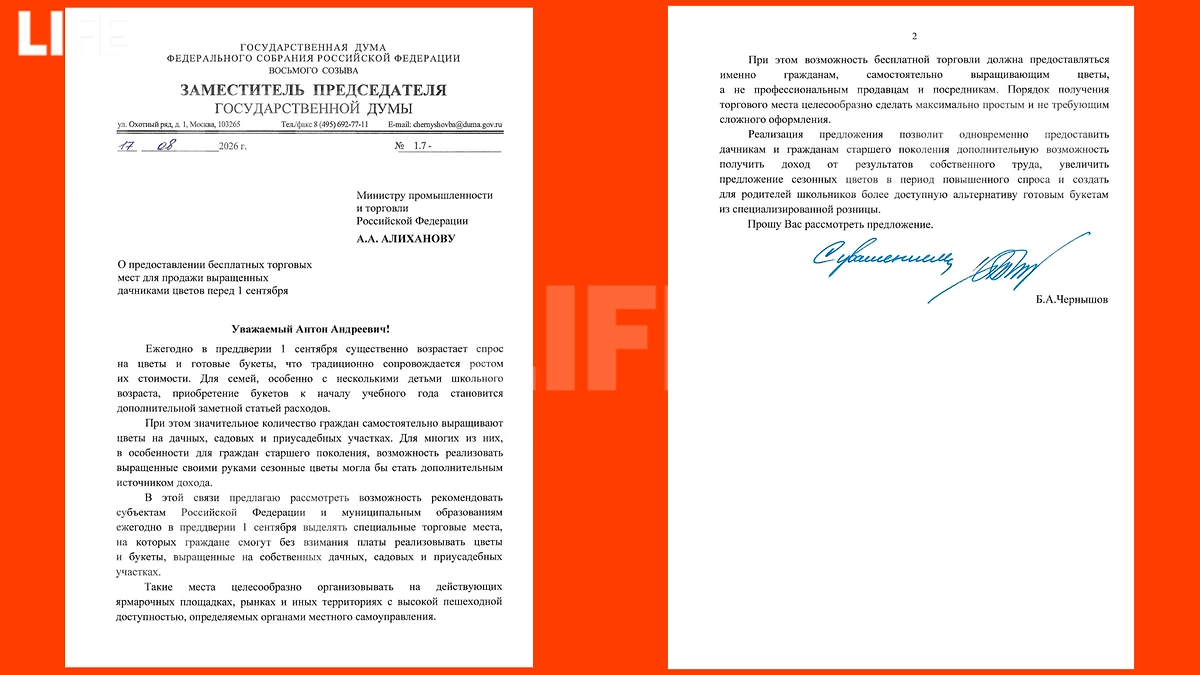 В Госдуме предложили пустить дачников торговать бесплатно перед 1 сентября. Документ © Life.ru 
