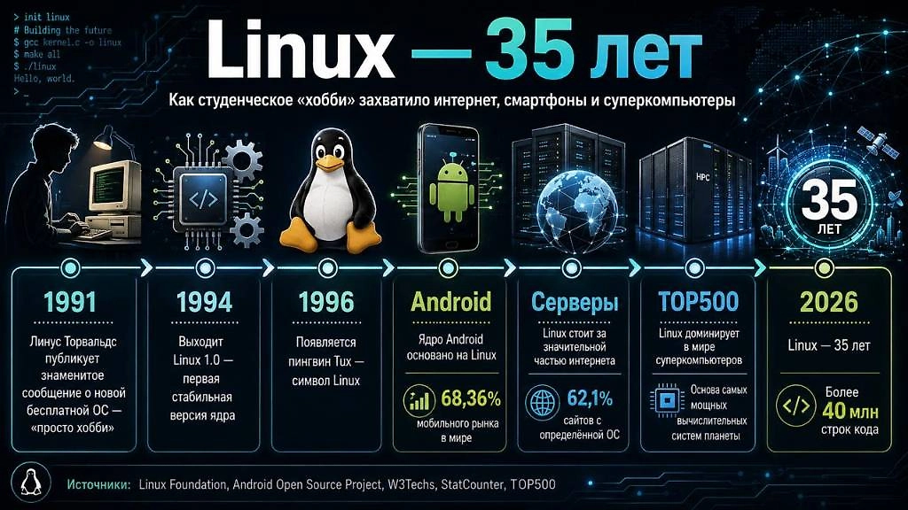 Linux за 35 лет: от студенческого проекта Линуса Торвальдса до Android, серверов и суперкомпьютеров. Инфографика Life.ru