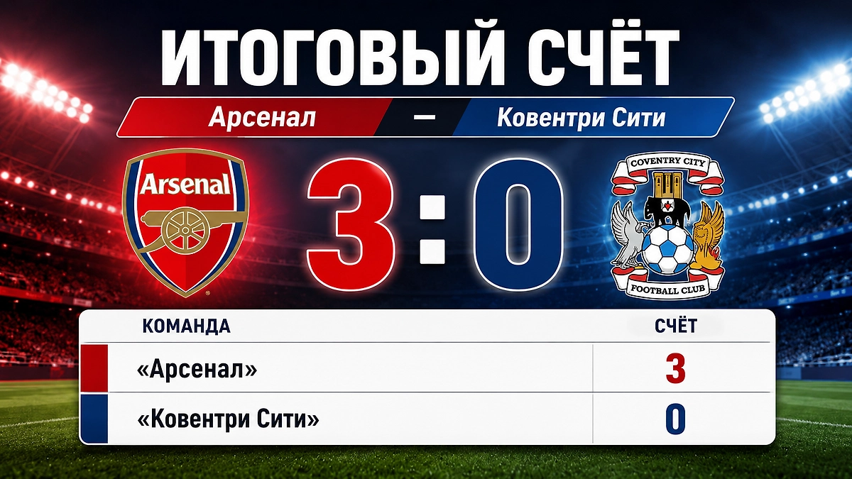 Итоговый счёт матча «Арсенал» — «Ковентри Сити» — 3:0 в пользу лондонского клуба. Инфографика © Life.ru