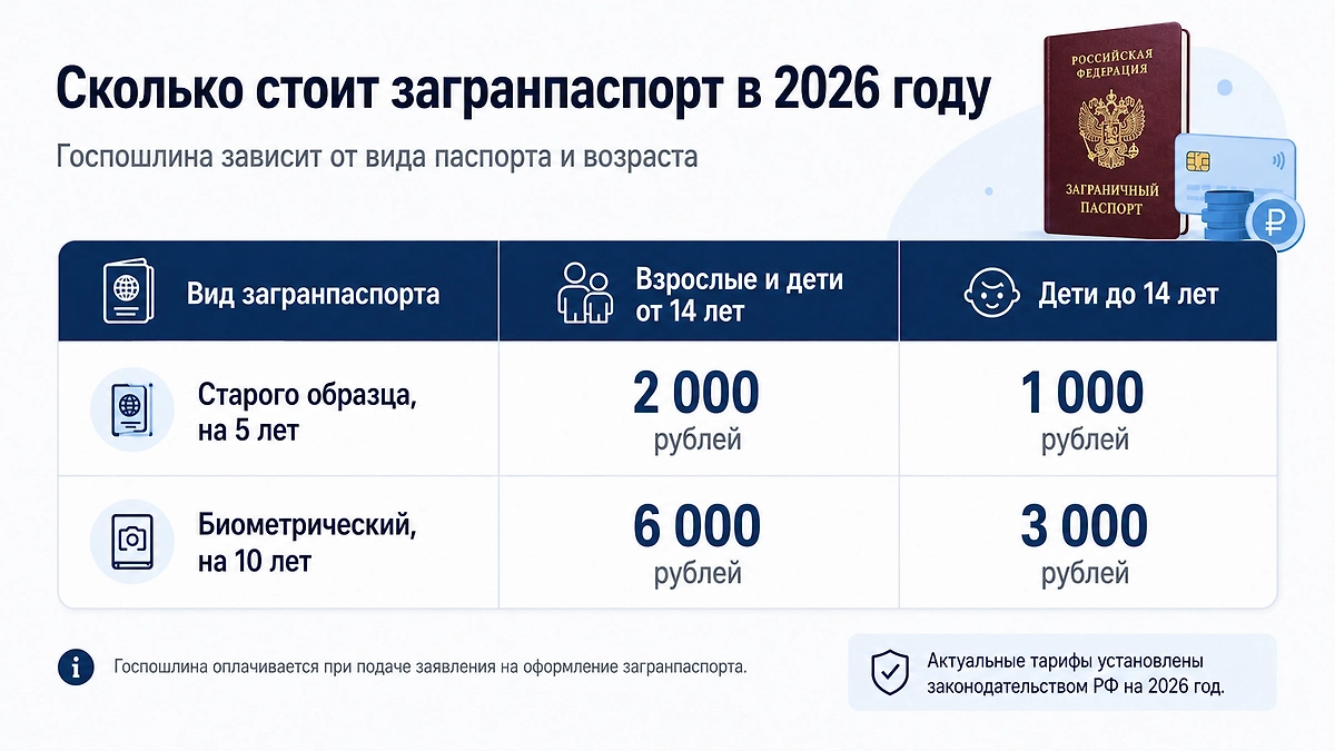 Размер госпошлины за загранпаспорт в 2026 году зависит от вида документа и возраста заявителя. Для детей младше 14 лет тариф вдвое ниже. Инфографика © Life.ru