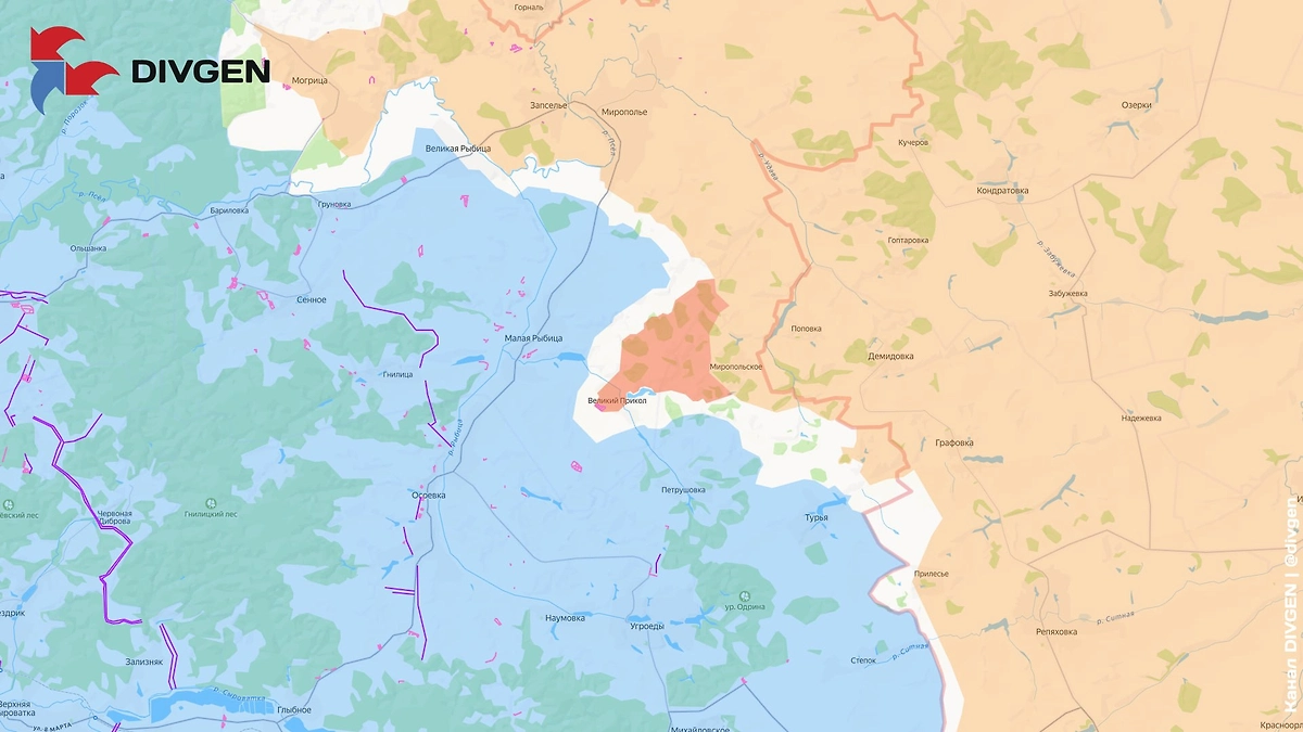 ВС РФ освободили на границе Белгородской и Курской областей сумское село Великий Прикол. Фото © Telegram / divgen