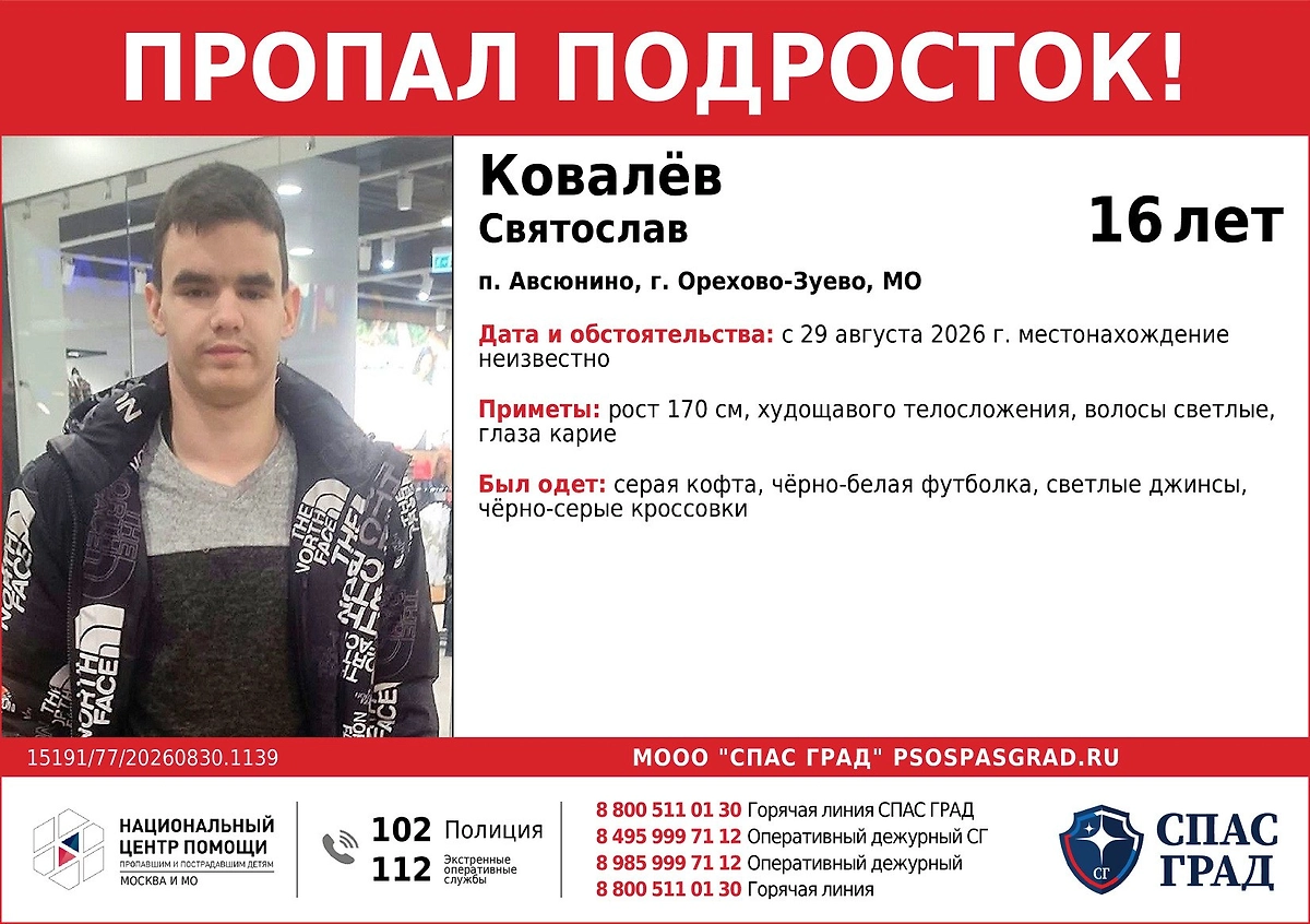 В Подмосковье пропал подросток. Фото © Telegram / СпасГрад