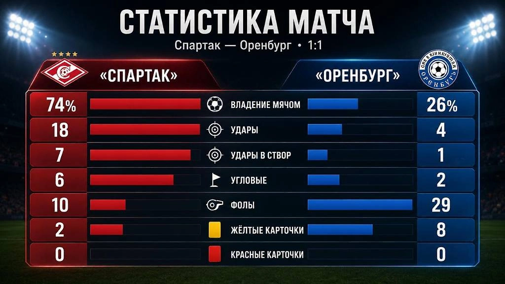 Статистика матча «Спартак» — «Оренбург»: красно-белые превзошли соперника по владению мячом, ударам и угловым, но встреча завершилась вничью — 1:1.