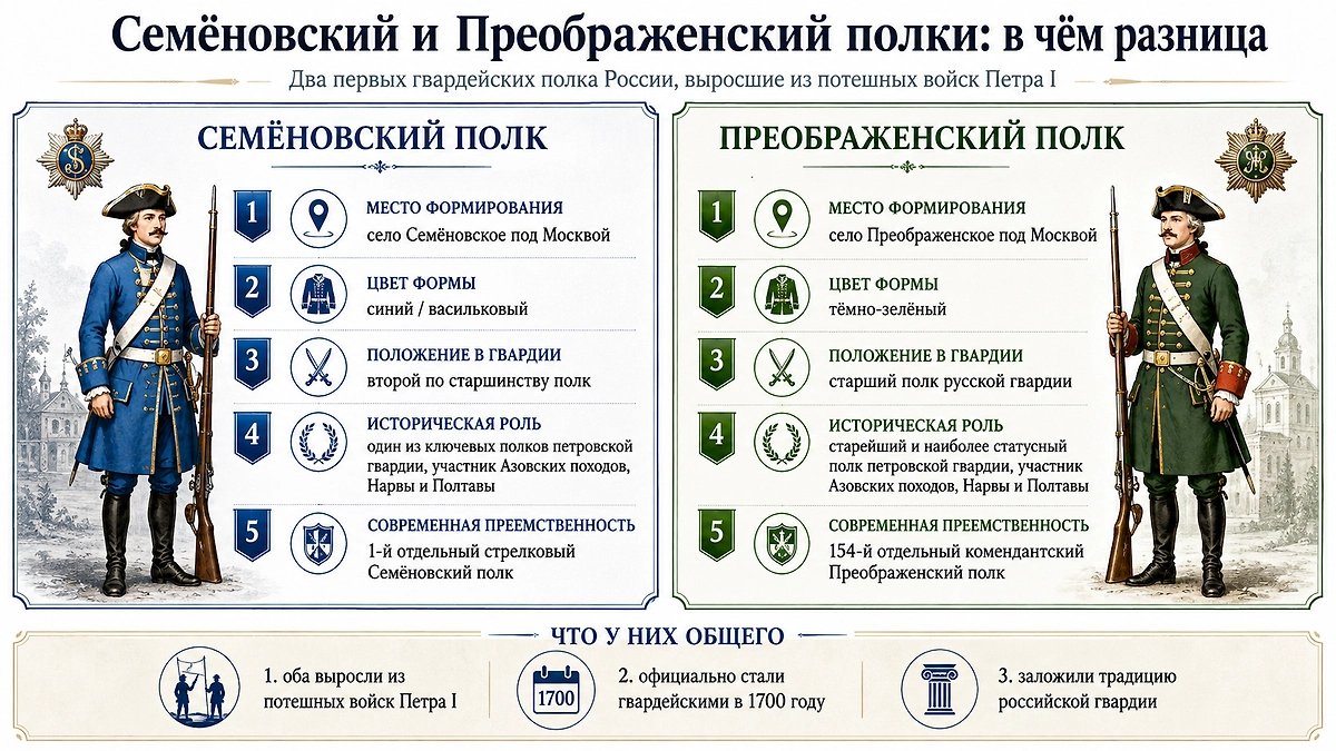 Чем отличались Семёновский и Преображенский полки: форма, старшинство, история и современные преемники первых гвардейских полков России. Инфографика © Life.ru