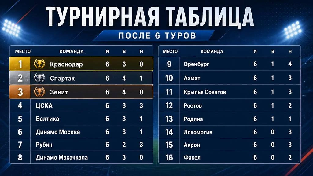 Турнирная таблица РПЛ после шестого тура сезона-2026/27. «Спартак» занимает второе место с 13 очками, «Оренбург» — девятое с семью.