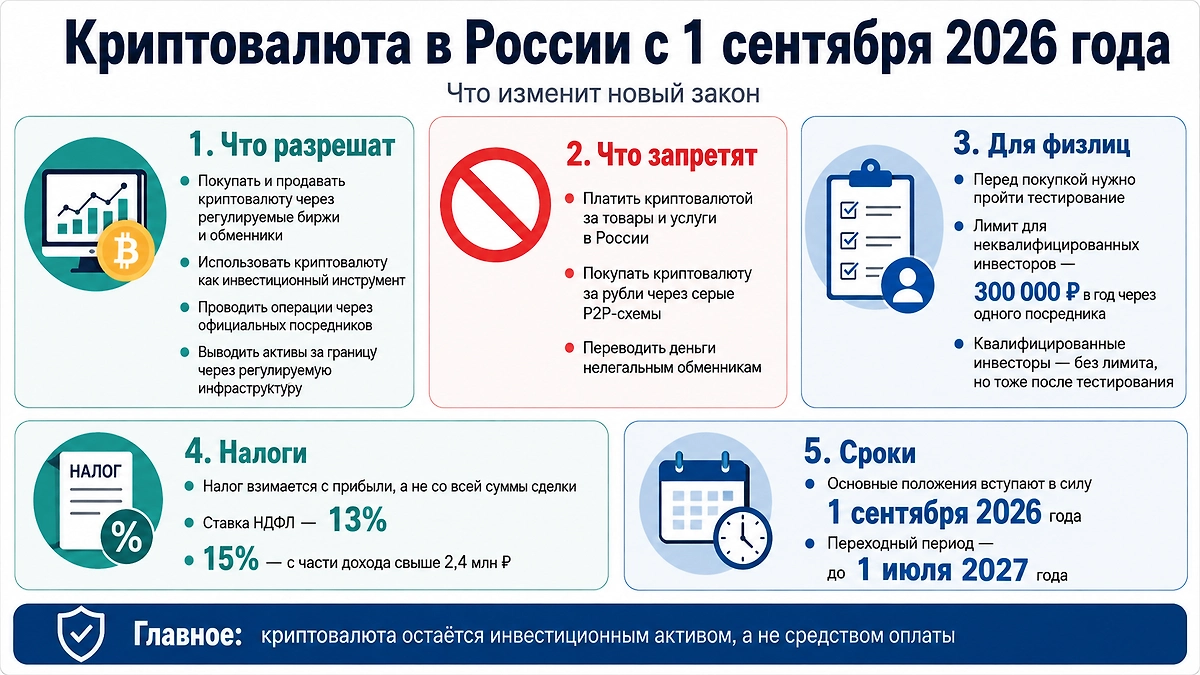 Что изменится для владельцев криптовалюты в России с 1 сентября 2026 года: правила покупки, лимиты, налоги и ограничения. Инфографика © Life.ru