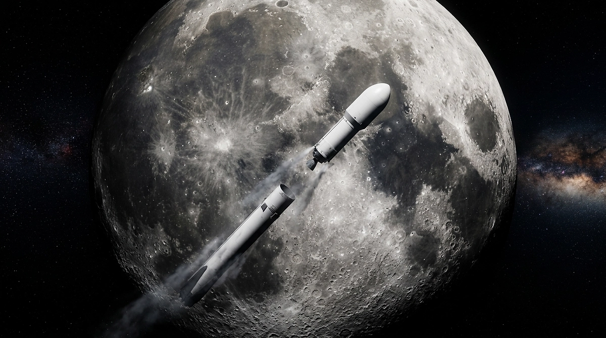 Удар ступени Falcon 9 об Луну: что будет с орбитой спутника. ИИ-иллюстрация: создано редакцией Life.ru с использованием Nano Banana AI