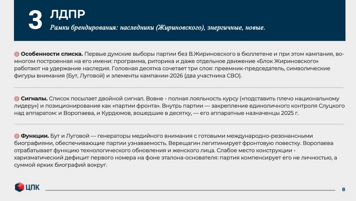 Фрагменты доклада «Герои и бренды» Центра политической конъюнктуры о стратегиях партий на выборах в Госдуму — 2026. © Центр политической конъюнктуры