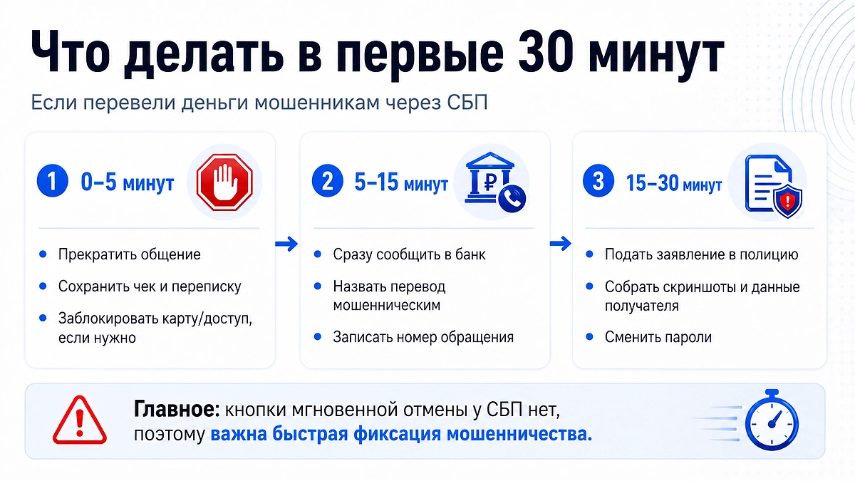 Что делать после перевода мошенникам через СБП: в первые минуты важно прекратить общение, сохранить доказательства, сразу сообщить в банк и обратиться в полицию.