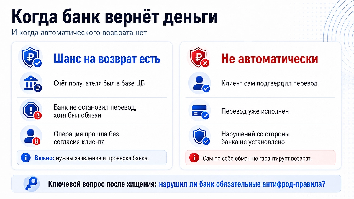 Когда банк может вернуть деньги: ключевое значение имеет не только факт обмана, но и то, выполнил ли банк обязательные антифрод-требования при проведении перевода.